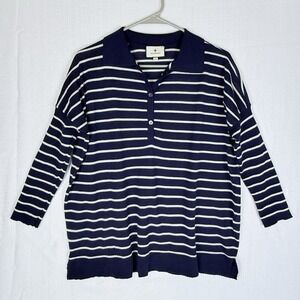Tuckernuck Navy White Stripe Clayton Knit Polo XS S 3/4 Sleeve Tencel Linen